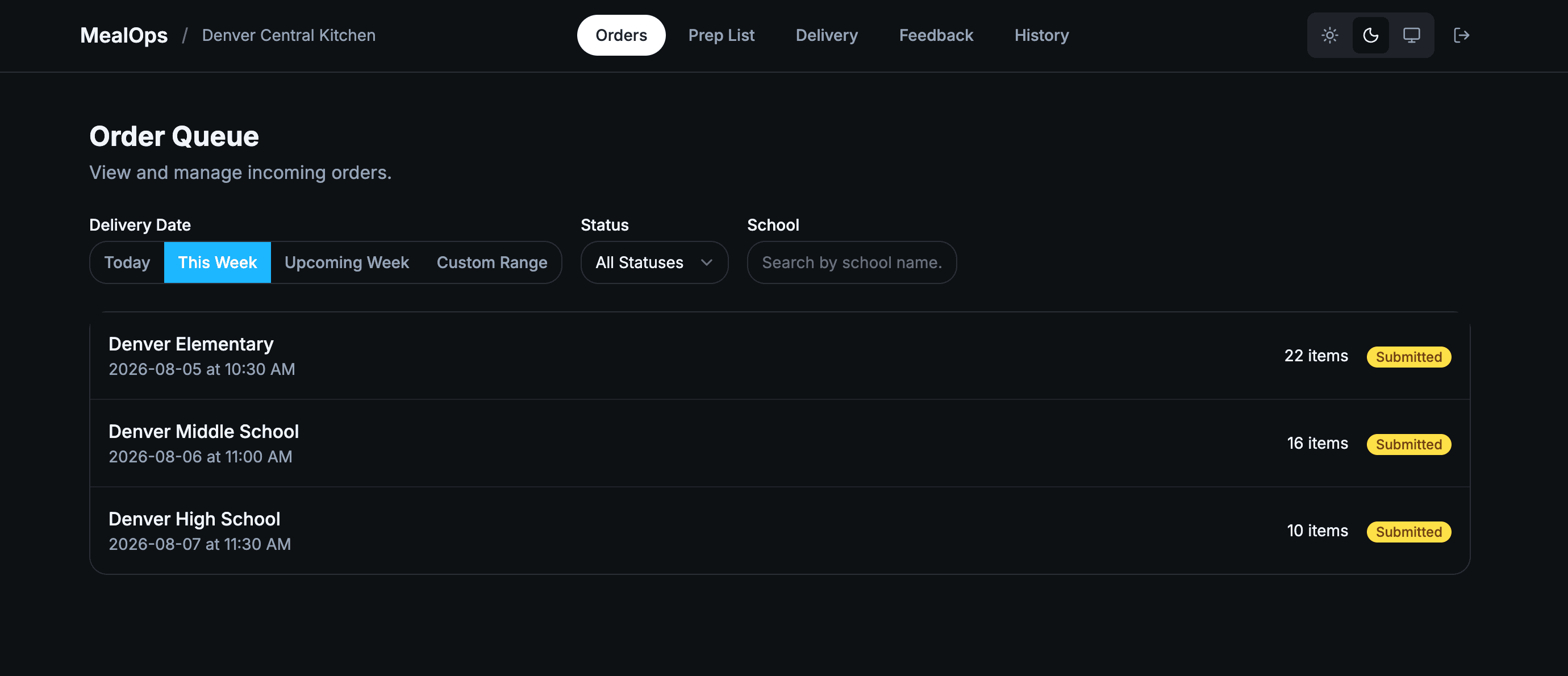 MealOps order queue showing submitted school orders with delivery dates and item counts